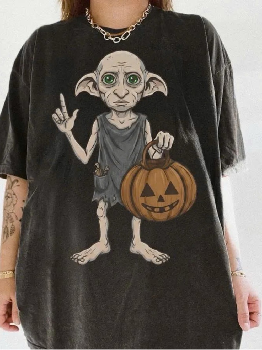 Black Dobby Halloween Kids Costume Tee with Pumpkin